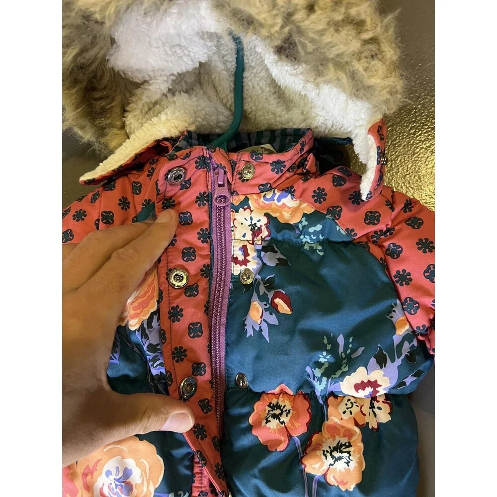 Matilda Jane Snowsuit Girls 3-6 Months Multicolor Floral Puffer Hooded Fur Trim